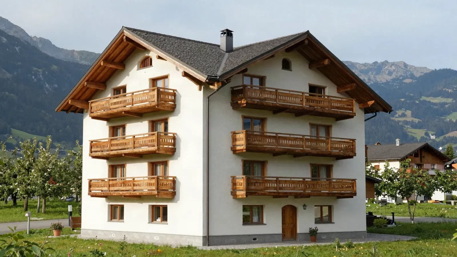 Neues Wohnhaus mit Holzbalkonen in einem Südtiroler Dorf zwischen Obstwiesen