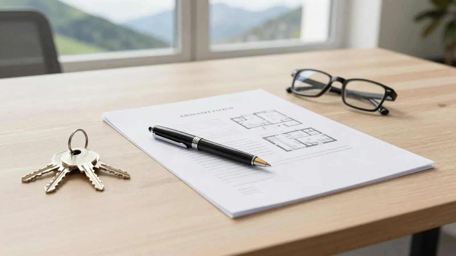 Kaufvertrag mit Grundriss, Stift und Wohnungsschlüsseln auf einem Holztisch